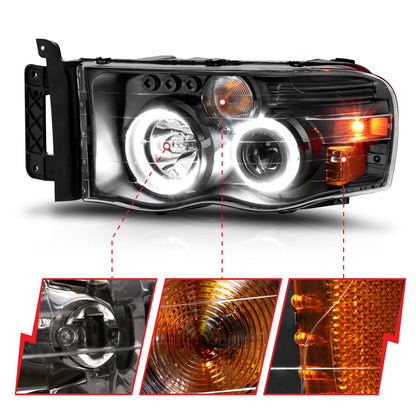 Anzo USA | Projector Headlight Set w/Halo Clear/Amber Lens Black Pair | Fits Ram 1500 | 111490