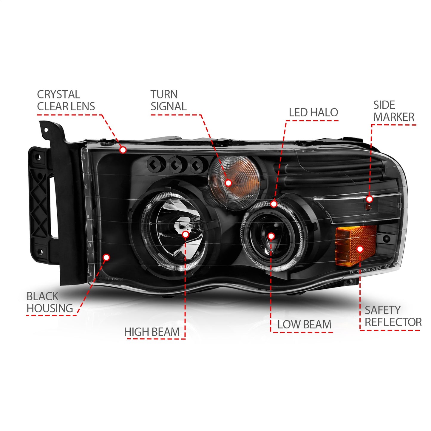 Anzo USA | Projector Headlight Set w/Halo Clear/Amber Lens Black Pair | Fits Ram 1500 | 111490