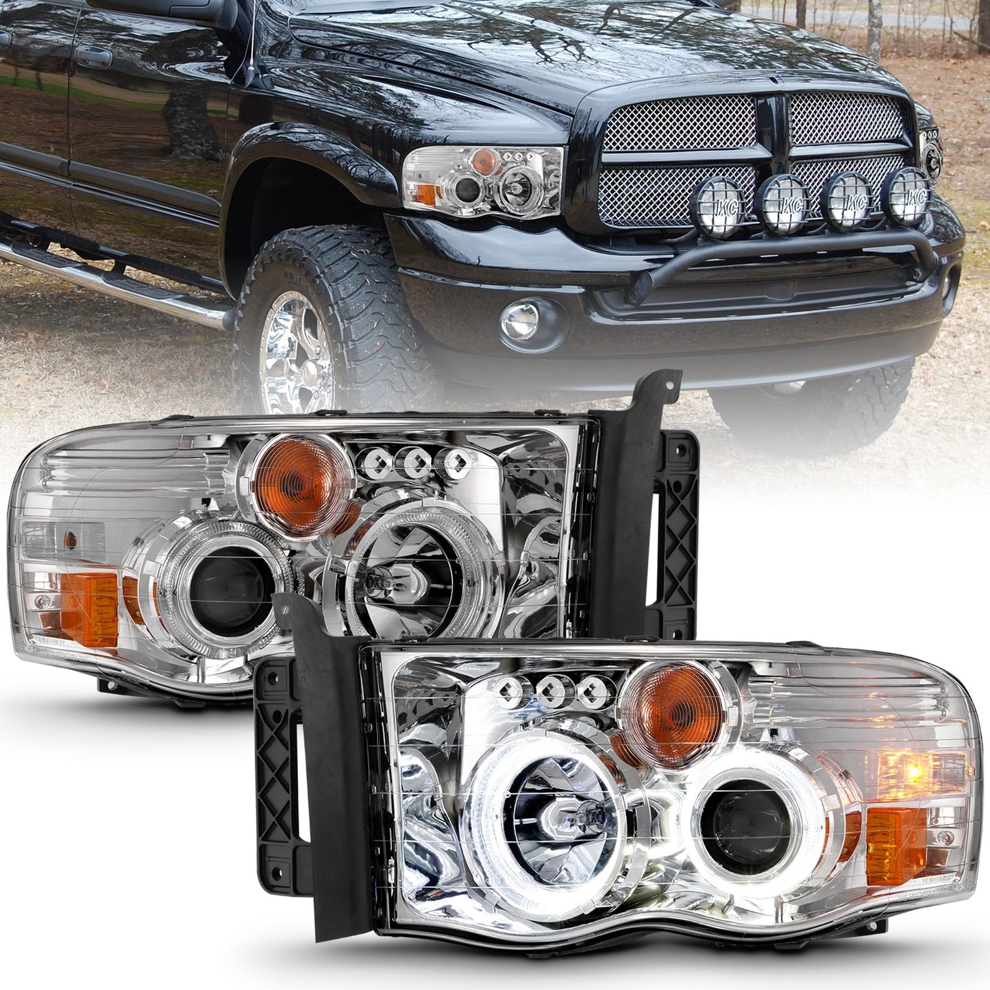 Anzo USA | Projector Headlight Set w/Halo Clear/Amber Lens Chrome Pair | Fits Ram 1500 | 111491