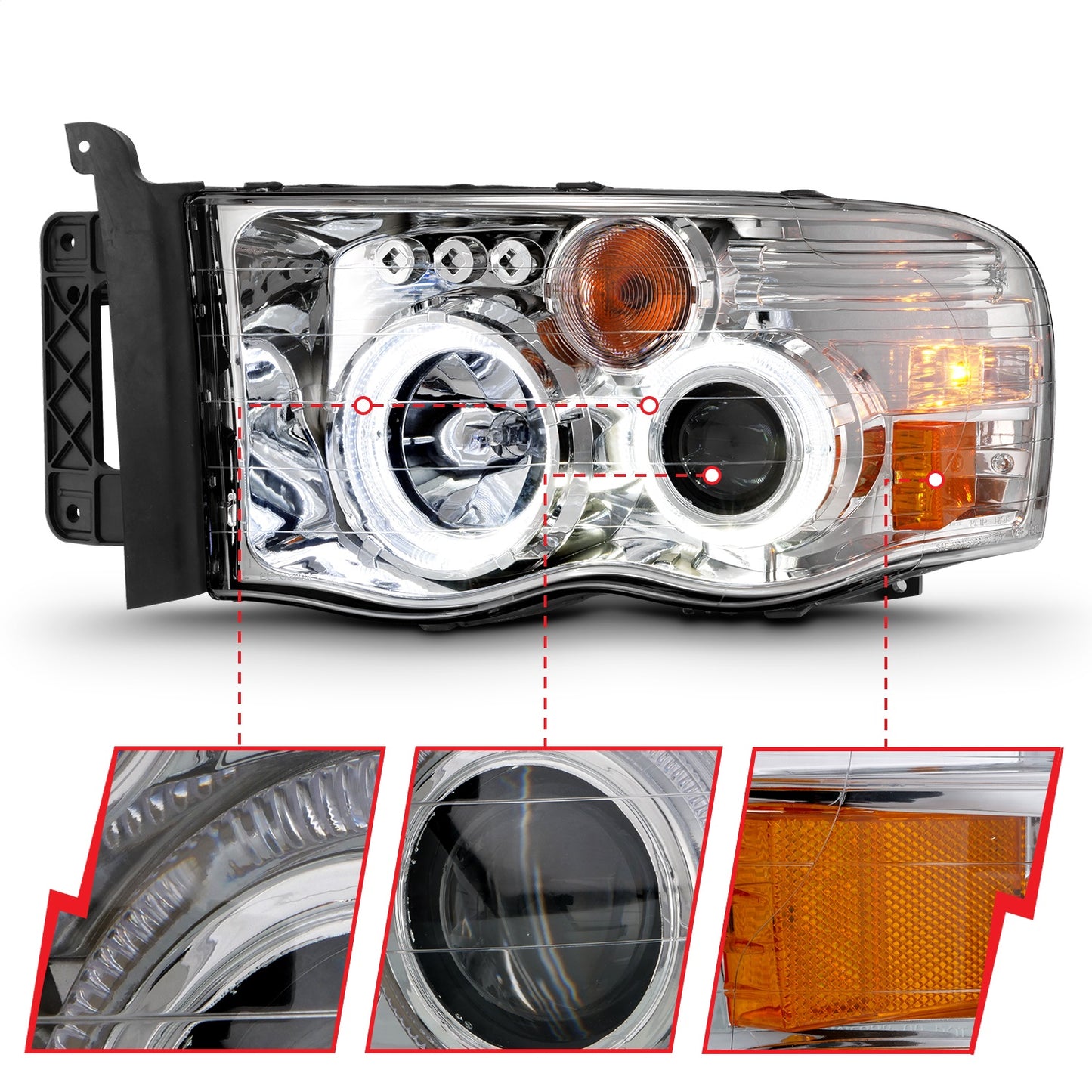 Anzo USA | Projector Headlight Set w/Halo Clear/Amber Lens Chrome Pair | Fits Ram 1500 | 111491