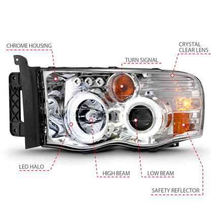 Anzo USA | Projector Headlight Set w/Halo Clear/Amber Lens Chrome Pair | Fits Ram 1500 | 111491