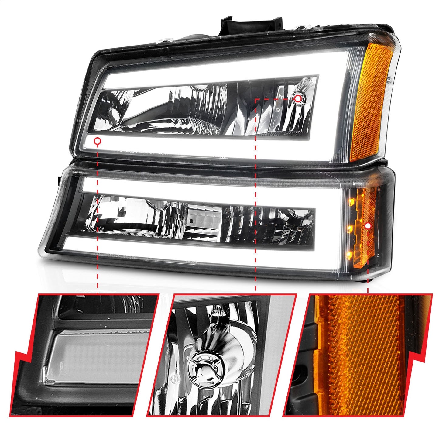 Anzo USA | Crystal Headlight Set Black Housing Pair w/Light Bar | Fits Silverado 1500 | 111501