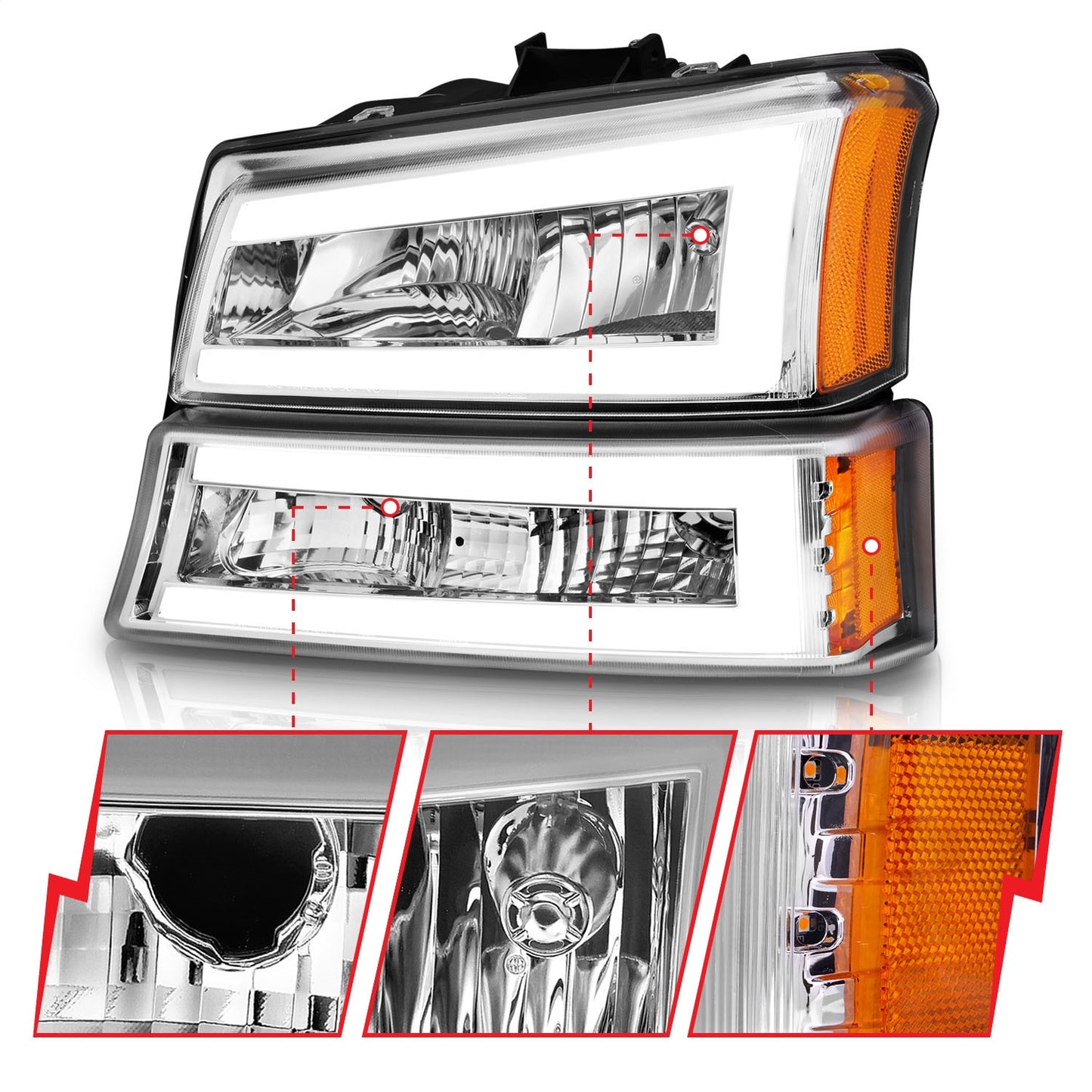 Anzo USA | Crystal Headlight Set Chorme Housing Pair w/Light Bar | Fits Silverado 1500 | 111502
