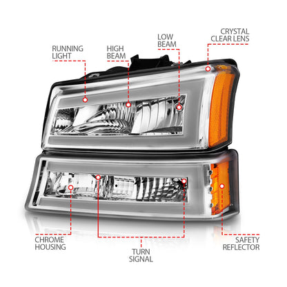Anzo USA | Crystal Headlight Set Chorme Housing Pair w/Light Bar | Fits Silverado 1500 | 111502