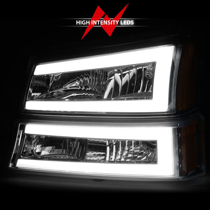 Anzo USA | Crystal Headlight Set Chorme Housing Pair w/Light Bar | Fits Silverado 1500 | 111502