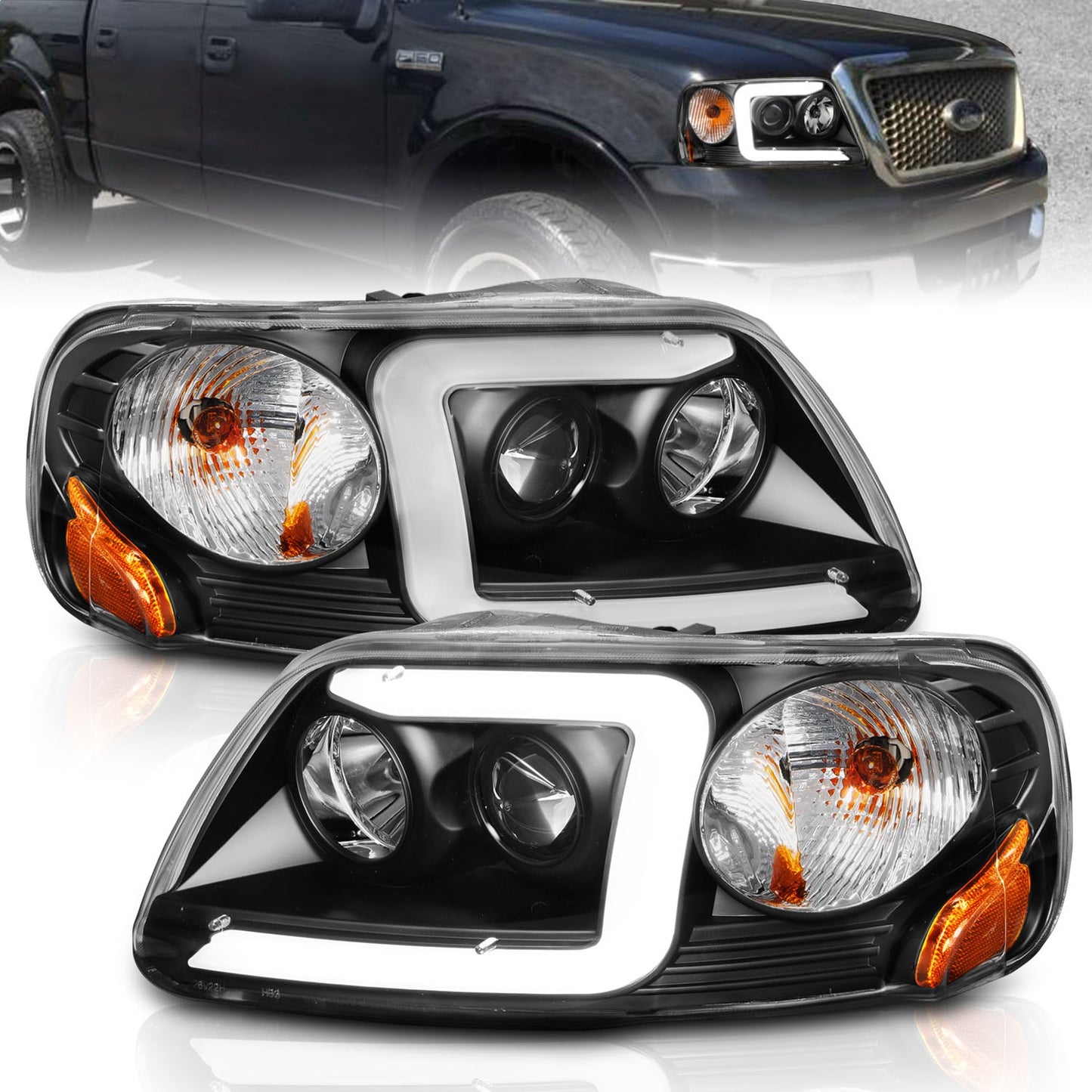 Anzo USA | Projector Headlight Set Clear Lens Black Housing w/Light Bar Pair | Fits F-150 | 111503