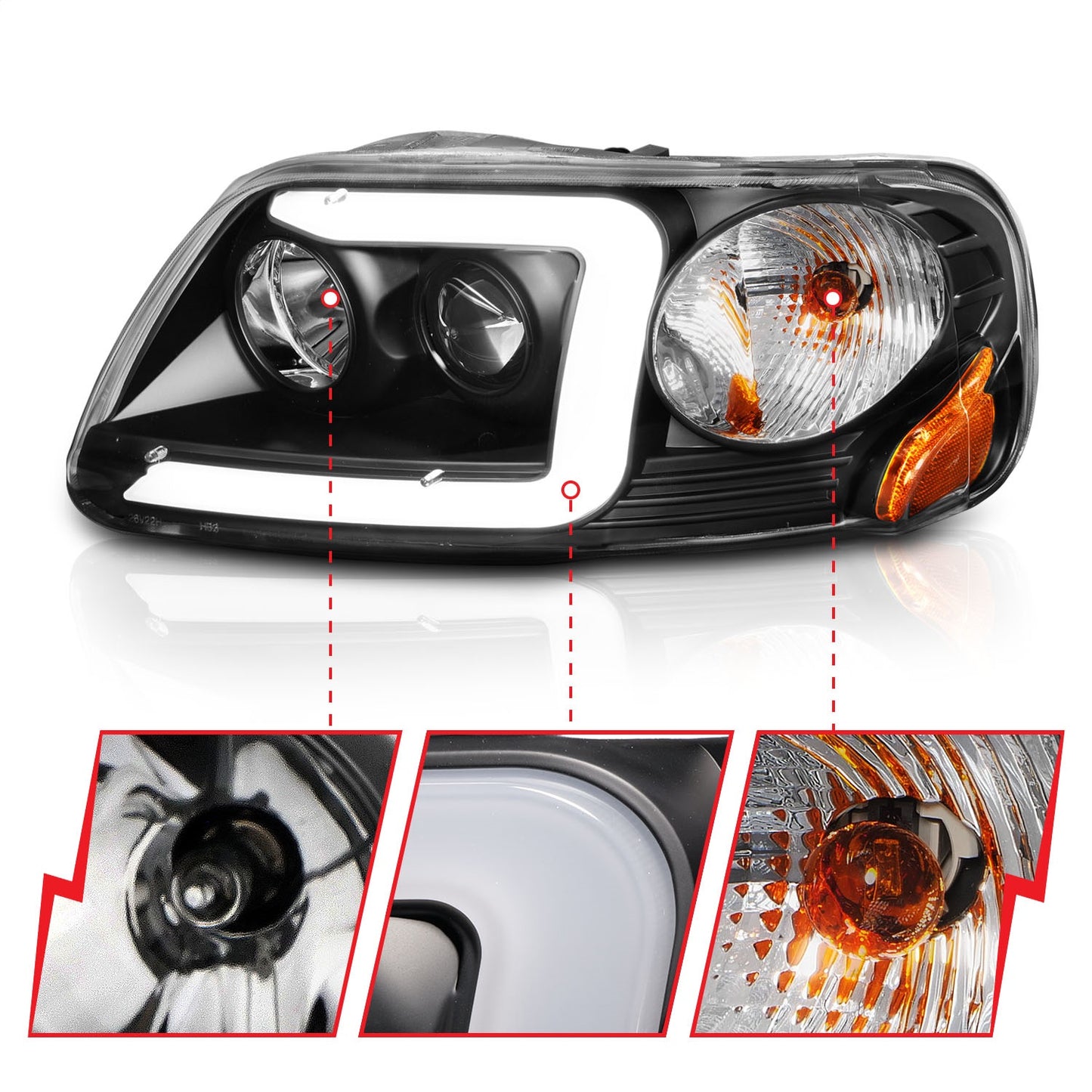 Anzo USA | Projector Headlight Set Clear Lens Black Housing w/Light Bar Pair | Fits F-150 | 111503