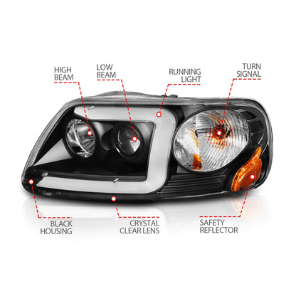 Anzo USA | Projector Headlight Set Clear Lens Black Housing w/Light Bar Pair | Fits F-150 | 111503