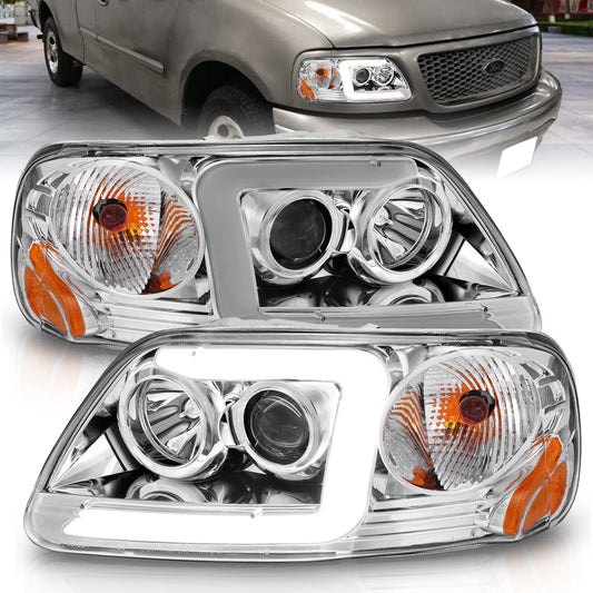 Anzo USA | Projector Headlight Set Clear Lens Chorme Housing w/Light Bar Pair | Fits F-150 | 111504