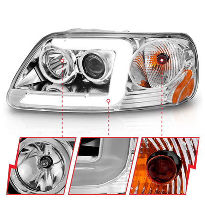 Anzo USA | Projector Headlight Set Clear Lens Chorme Housing w/Light Bar Pair | Fits F-150 | 111504