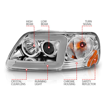 Anzo USA | Projector Headlight Set Clear Lens Chorme Housing w/Light Bar Pair | Fits F-150 | 111504