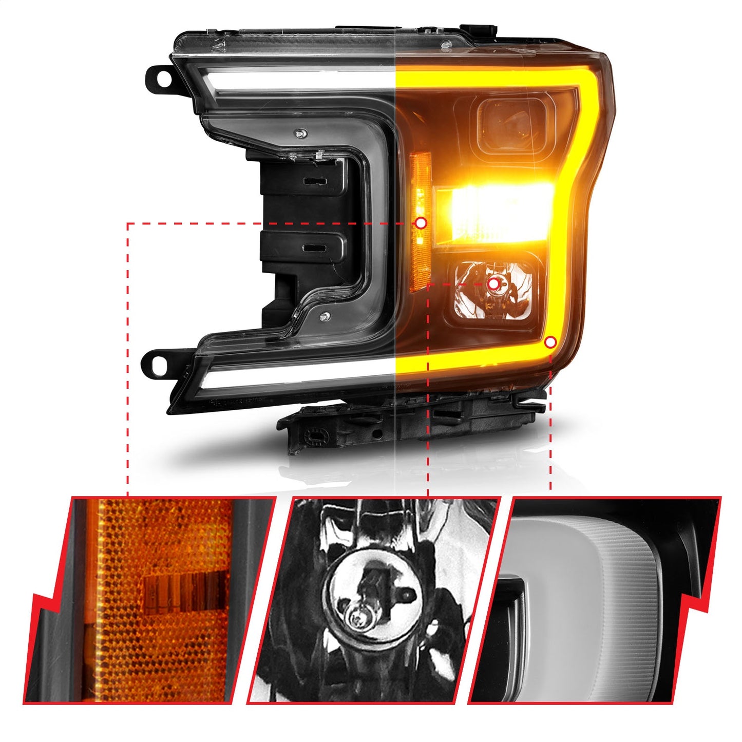 Anzo USA | Projector Headlight Set w/Plank Style Switchback Black Housing Pair | Fits F-150 | 111509