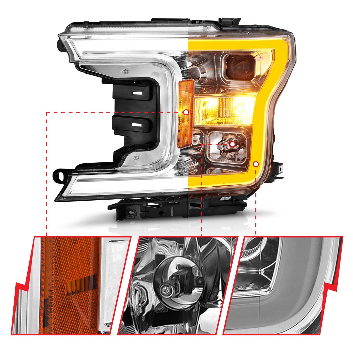 Anzo USA | Projector Headlight Set w/Plank Style Switchback Chorme Housing Pair | Fits F-150 | 111510