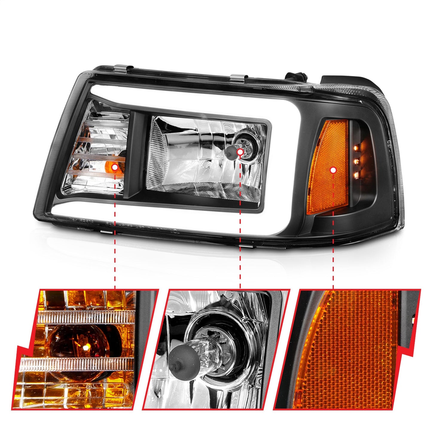 Anzo USA | Crystal Headlight Set Black Housing Pair w/Light Bar | Fits Ranger | 111511