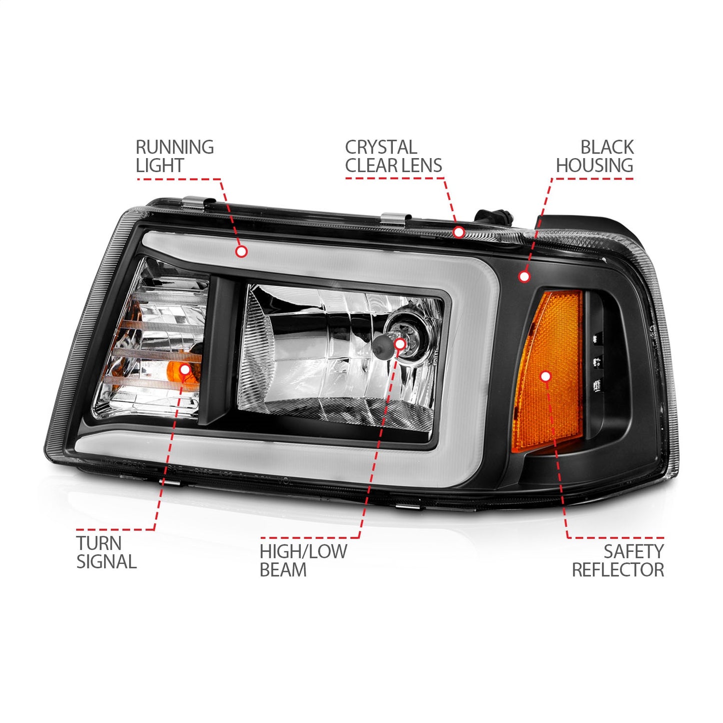 Anzo USA | Crystal Headlight Set Black Housing Pair w/Light Bar | Fits Ranger | 111511