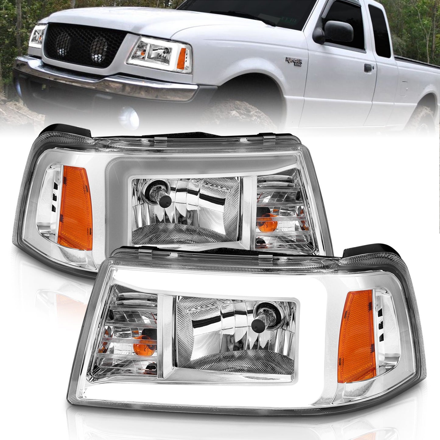 Anzo USA | Crystal Headlight Set Chorme Housing Pair w/Light Bar | Fits Ranger | 111512