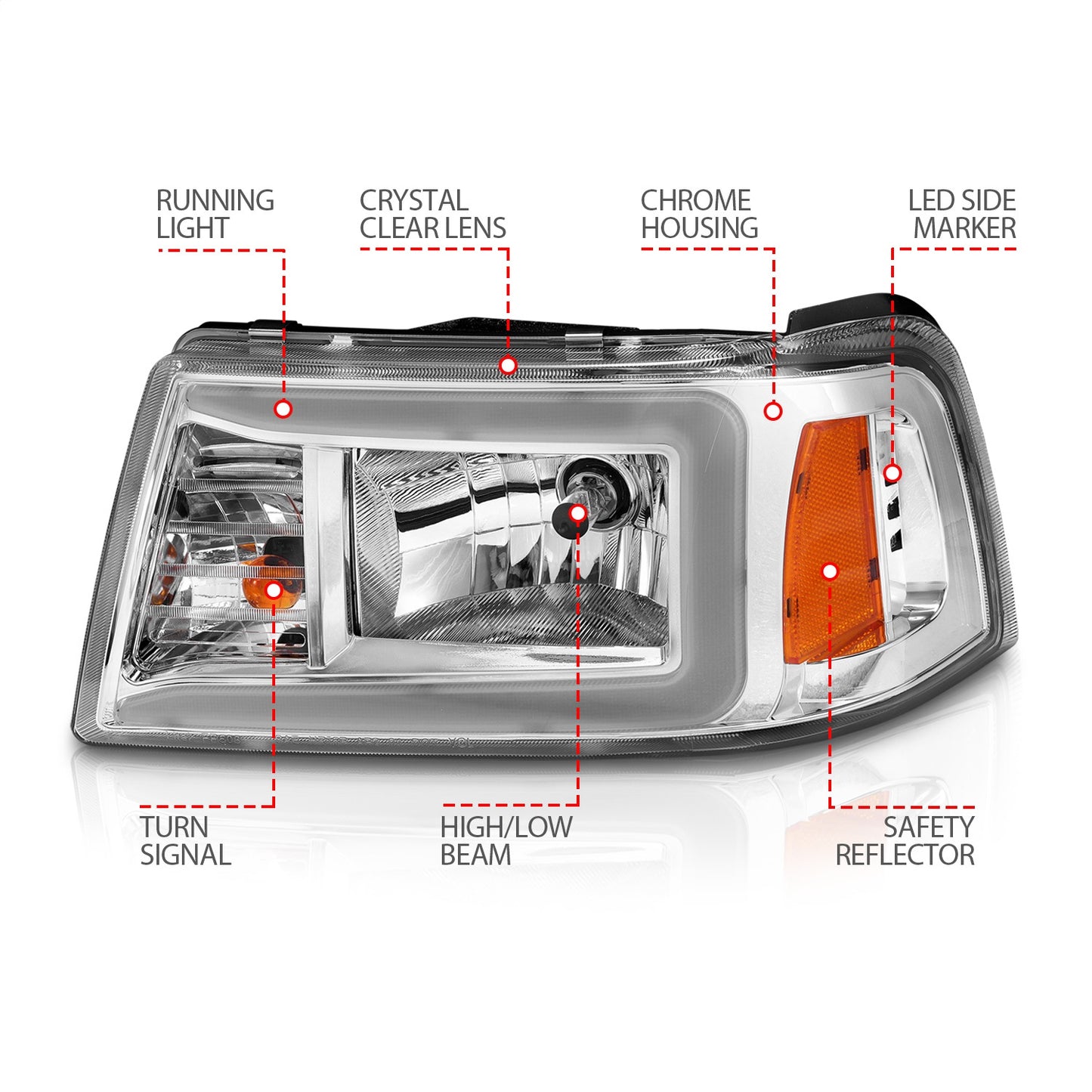 Anzo USA | Crystal Headlight Set Chorme Housing Pair w/Light Bar | Fits Ranger | 111512