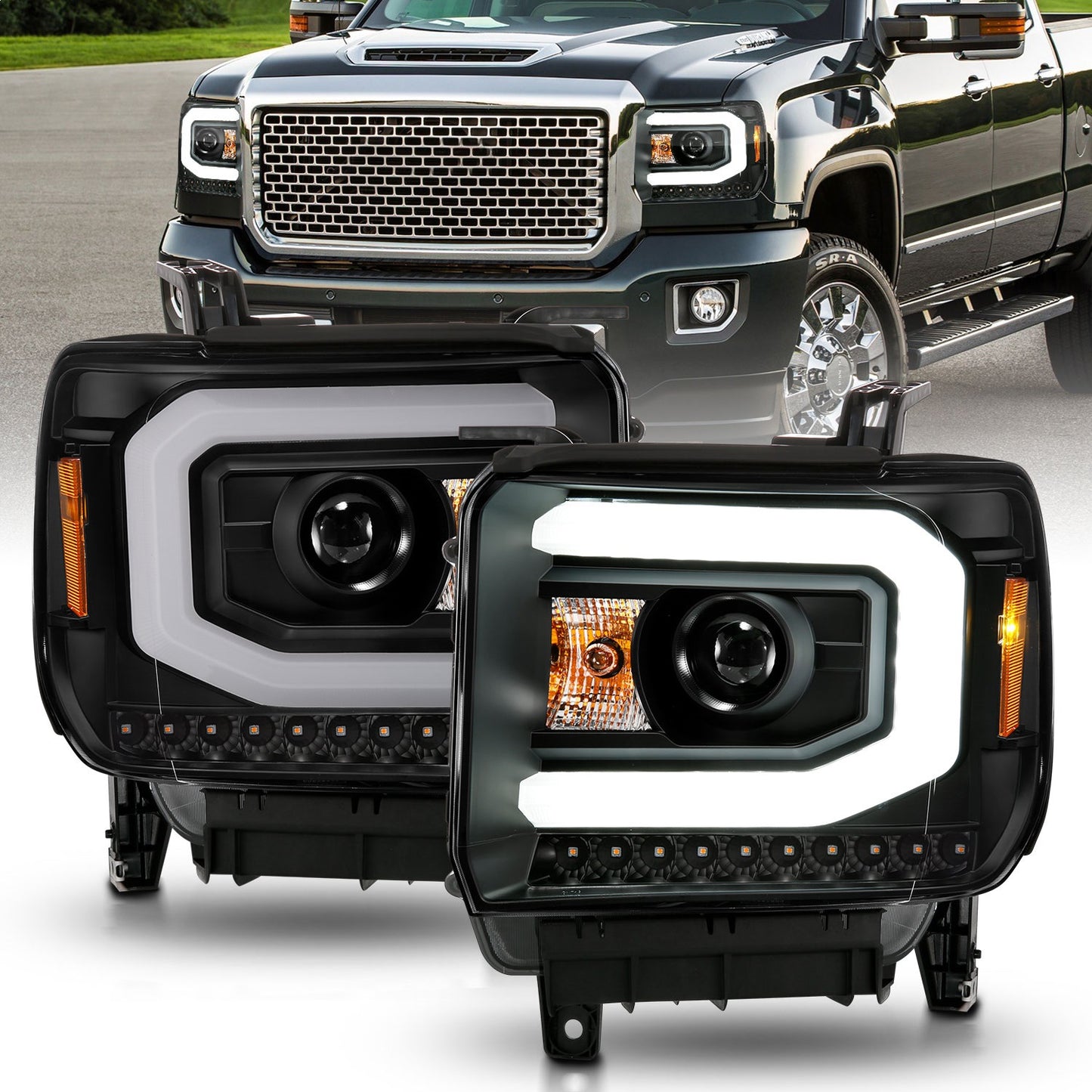 Anzo USA | Projector Headlight Set w/Halo Clear Lens Black Housing w/Light Bar Pair | Fits Sierra 1500 | 111513