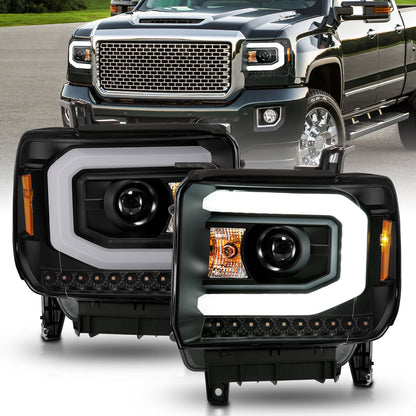 Anzo USA | Projector Headlight Set w/Halo Clear Lens Black Housing w/Light Bar Pair | Fits Sierra 1500 | 111513