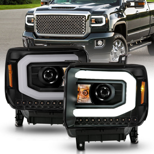 Anzo USA | Projector Headlight Set w/Halo Clear Lens Black Housing w/Light Bar Pair | Fits Sierra 1500 | 111513