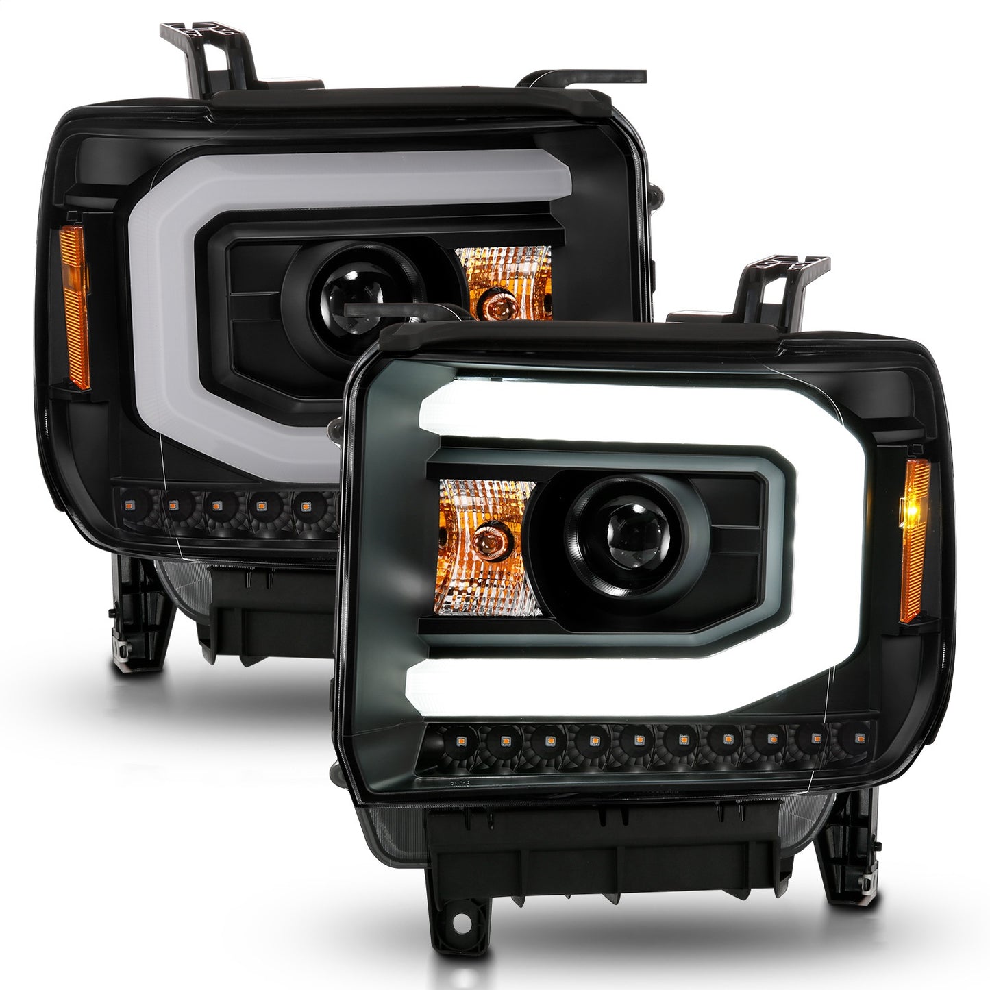 Anzo USA | Projector Headlight Set w/Halo Clear Lens Black Housing w/Light Bar Pair | Fits Sierra 1500 | 111513
