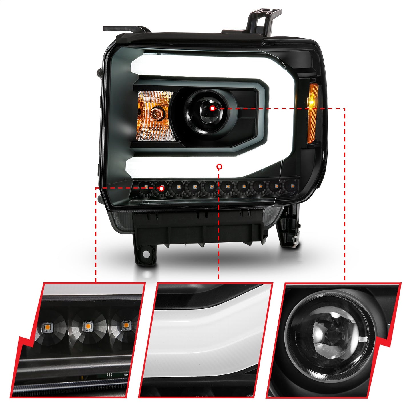 Anzo USA | Projector Headlight Set w/Halo Clear Lens Black Housing w/Light Bar Pair | Fits Sierra 1500 | 111513