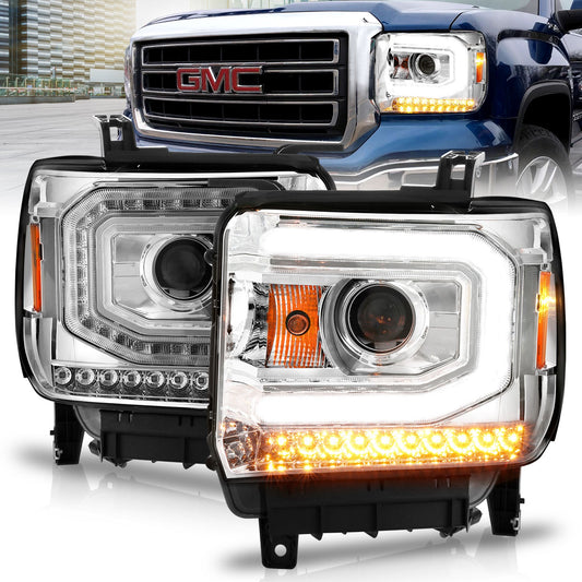 Anzo USA | Projector Headlight Set w/Halo Clear Lens Chorme Housing w/Light Bar Pair | Fits Sierra 1500 | 111514