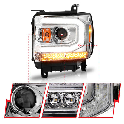 Anzo USA | Projector Headlight Set w/Halo Clear Lens Chorme Housing w/Light Bar Pair | Fits Sierra 1500 | 111514