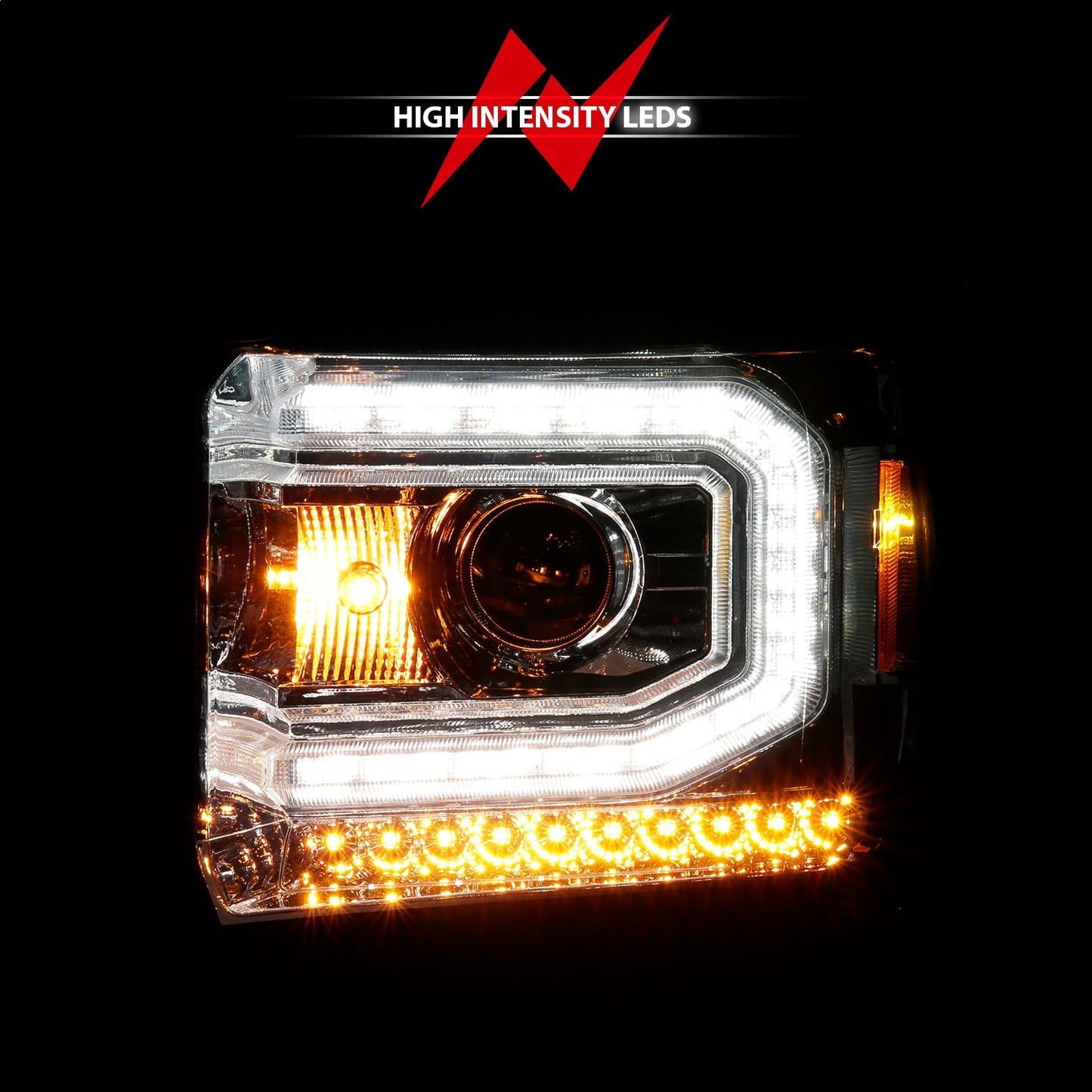 Anzo USA | Projector Headlight Set w/Halo Clear Lens Chorme Housing w/Light Bar Pair | Fits Sierra 1500 | 111514