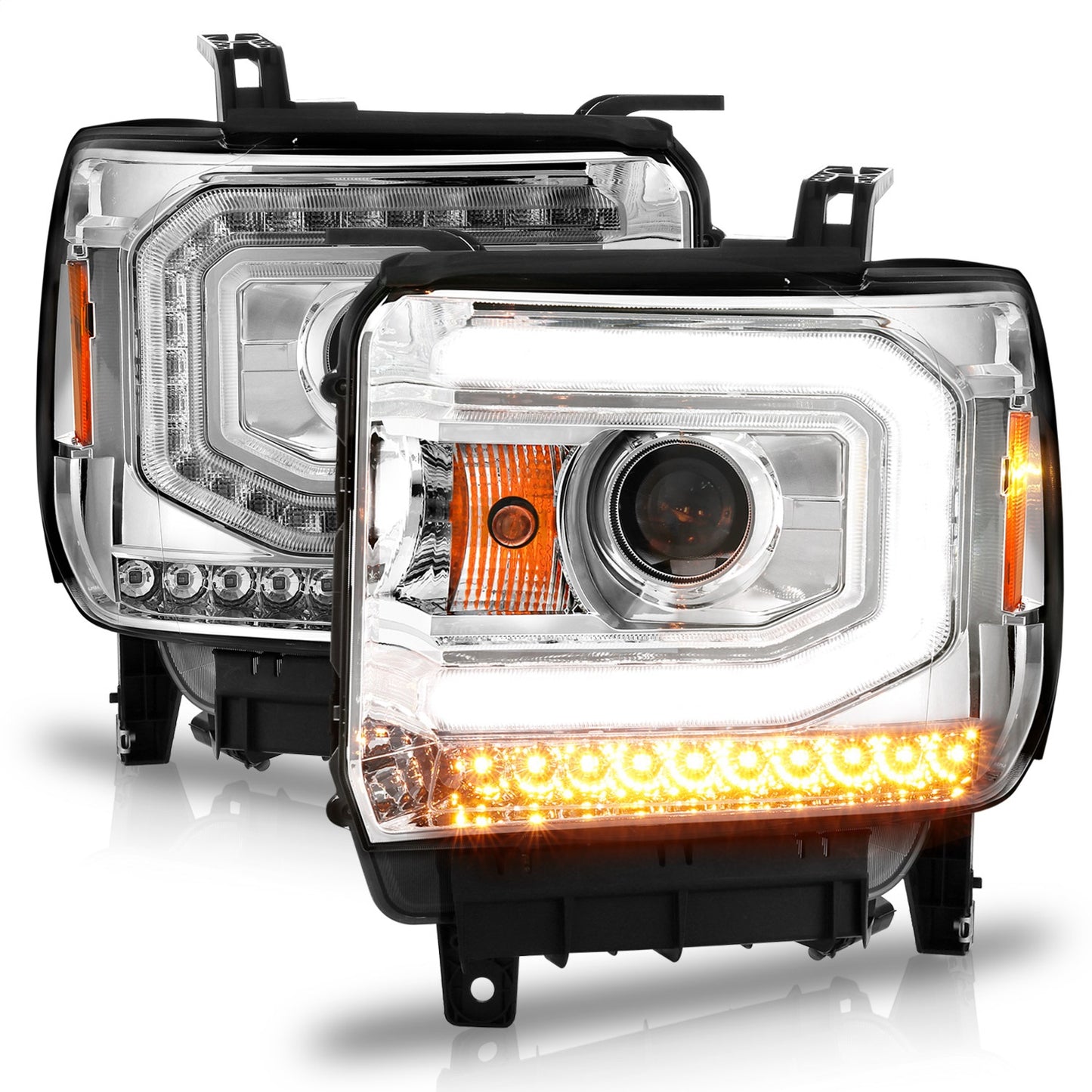 Anzo USA | Projector Headlight Set w/Halo Clear Lens Chorme Housing w/Light Bar Pair | Fits Sierra 1500 | 111514