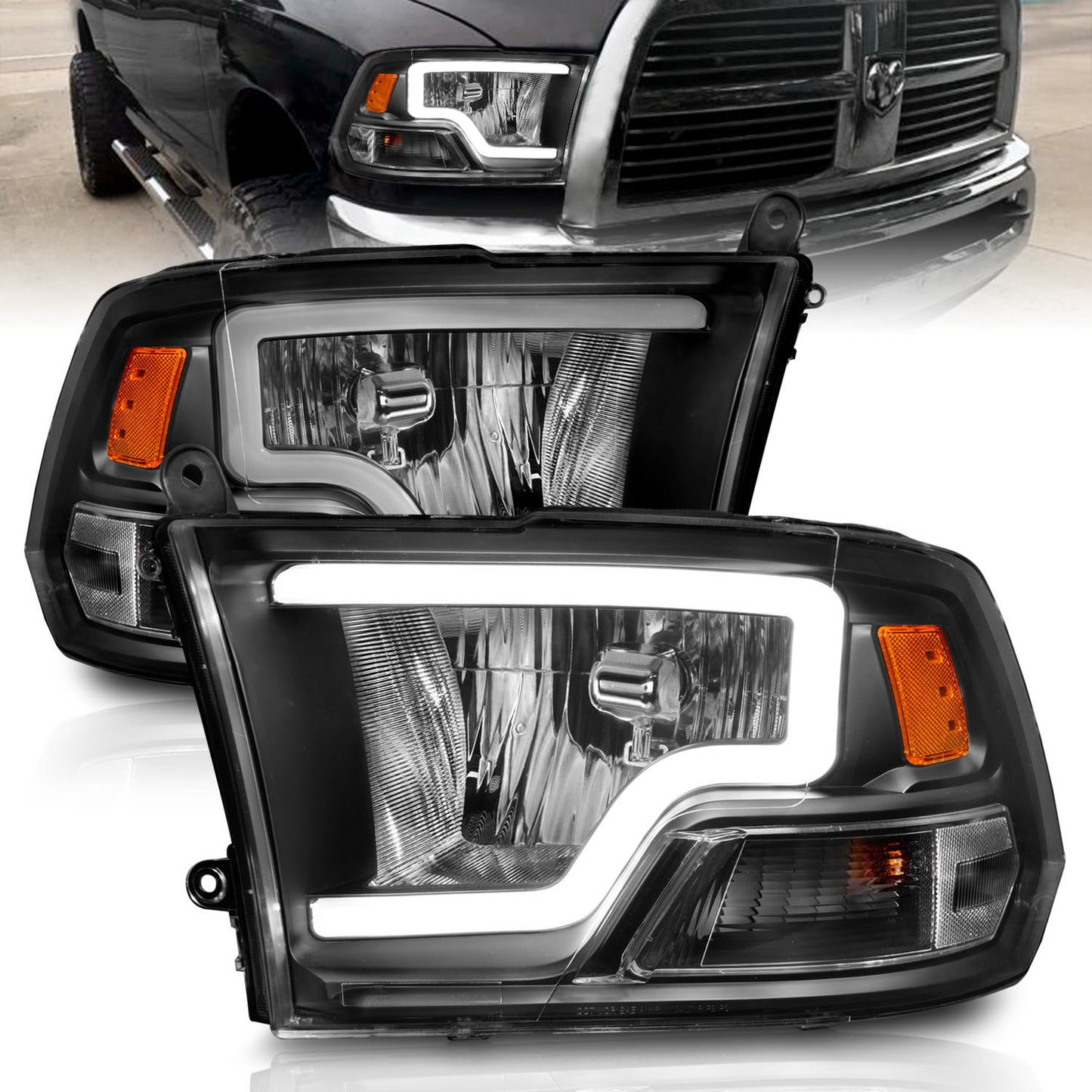 Anzo USA | Crystal Headlight Set Black Housing Pair w/Light Bar | Fits Ram 1500 | 111515