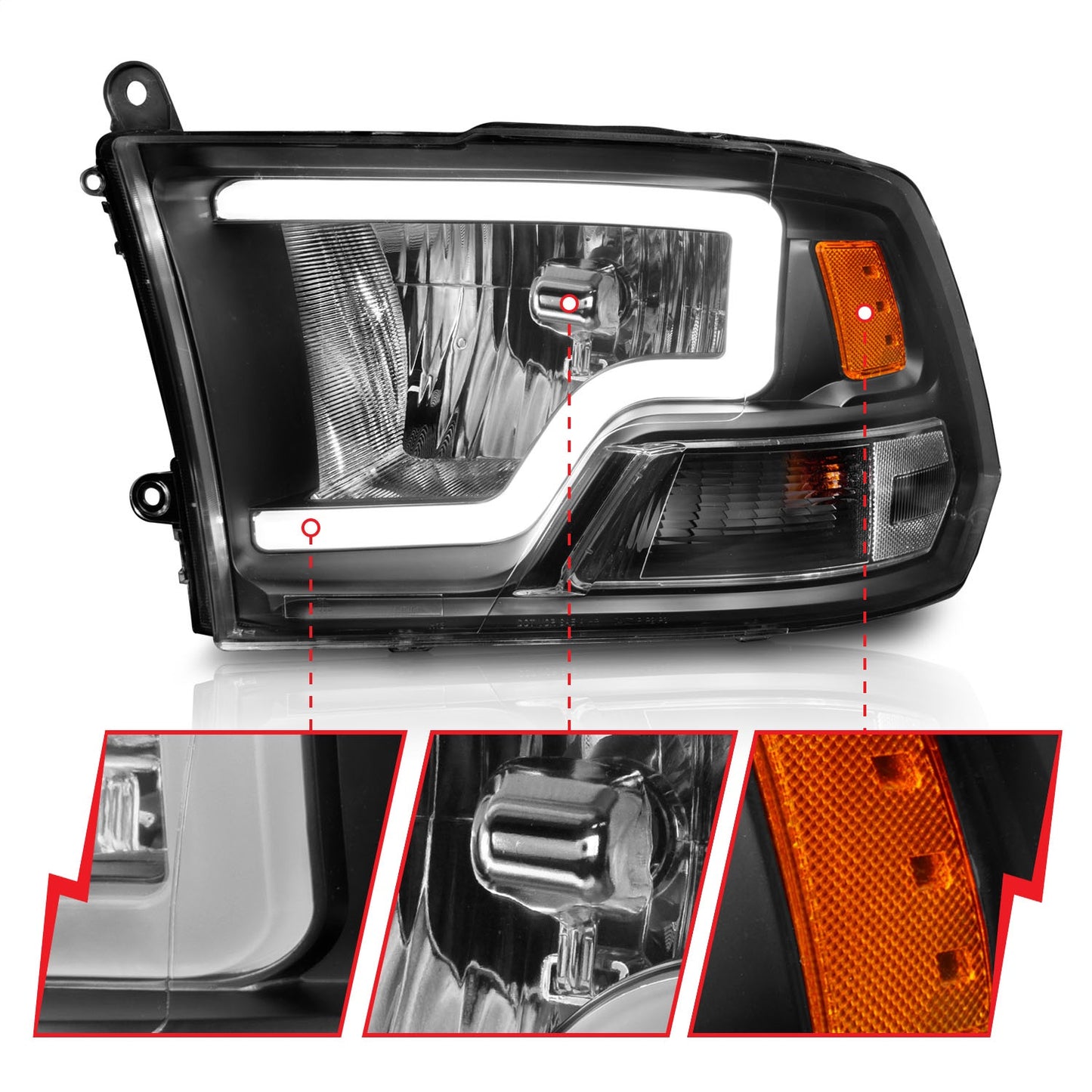 Anzo USA | Crystal Headlight Set Black Housing Pair w/Light Bar | Fits Ram 1500 | 111515