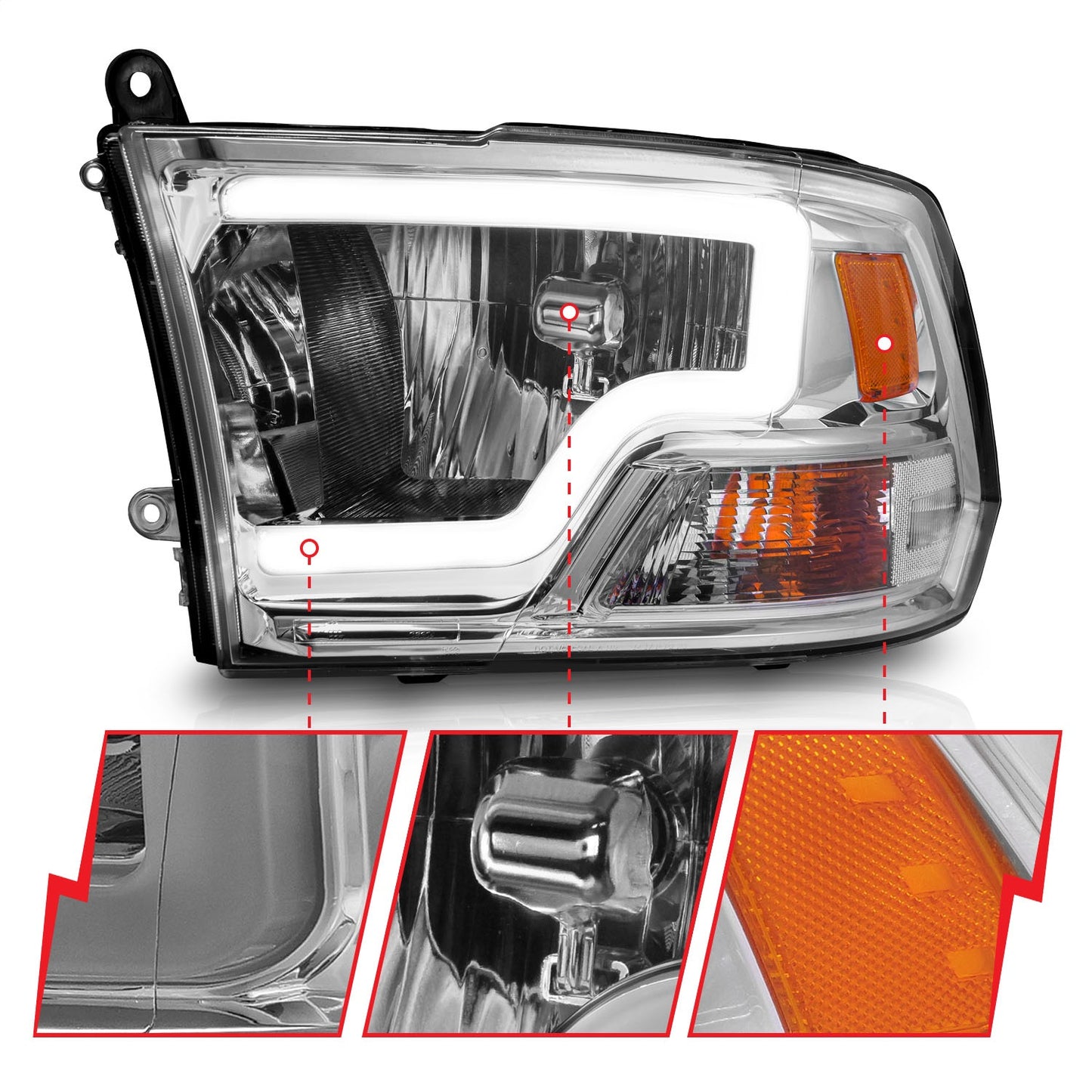 Anzo USA | Crystal Headlight Set Chorme Housing Pair w/Light Bar | Fits Ram 1500 | 111516