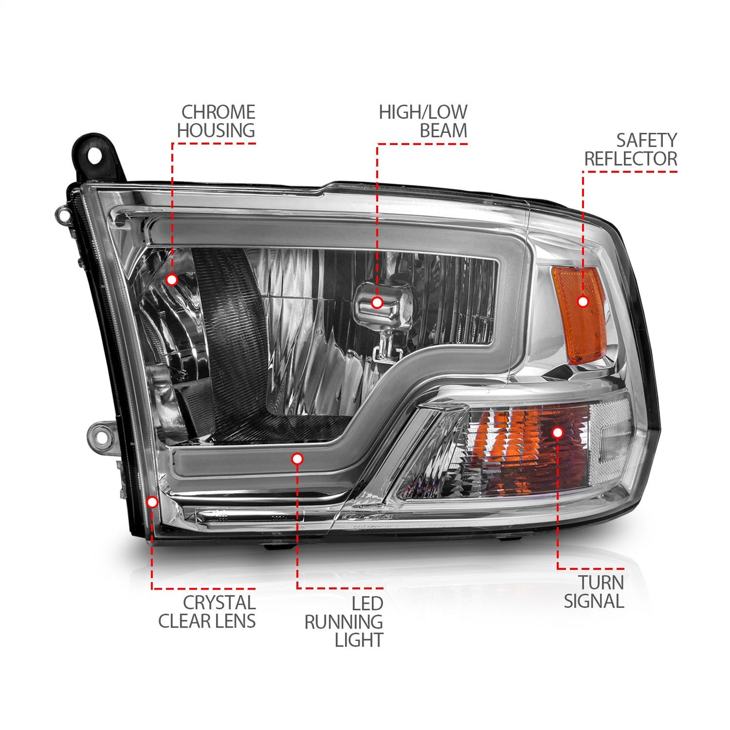 Anzo USA | Crystal Headlight Set Chorme Housing Pair w/Light Bar | Fits Ram 1500 | 111516