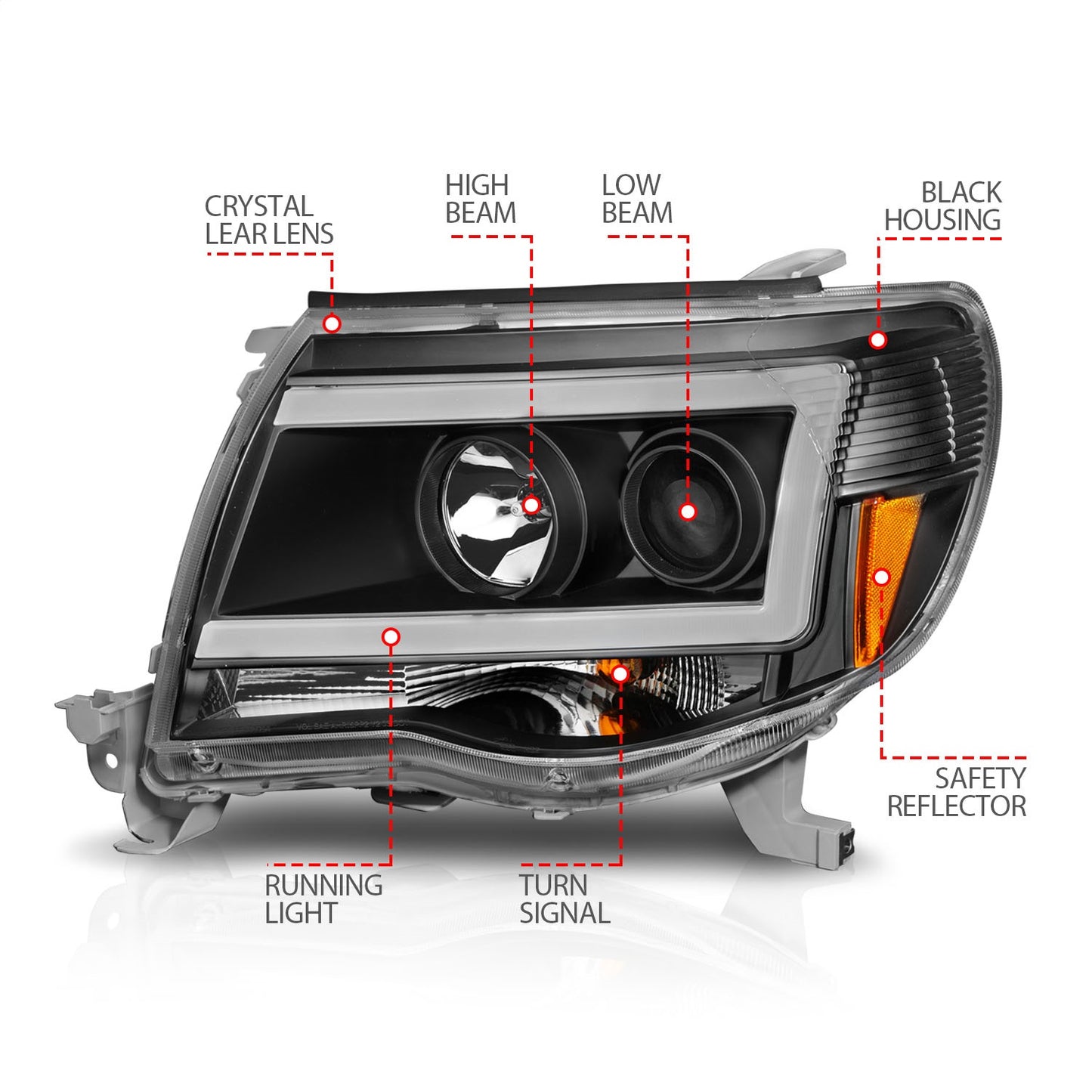 Anzo USA | Projector Headlight Set Clear Lens Black Housing w/Light Bar Pair | Fits Tacoma | 111517