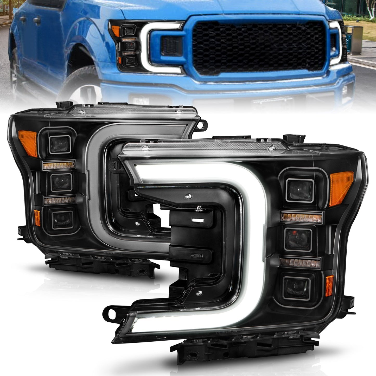 Anzo USA | LED Projector Headlight Black Housing w/Light Bar Sequential Signal Pair | Fits F-150 | 111519