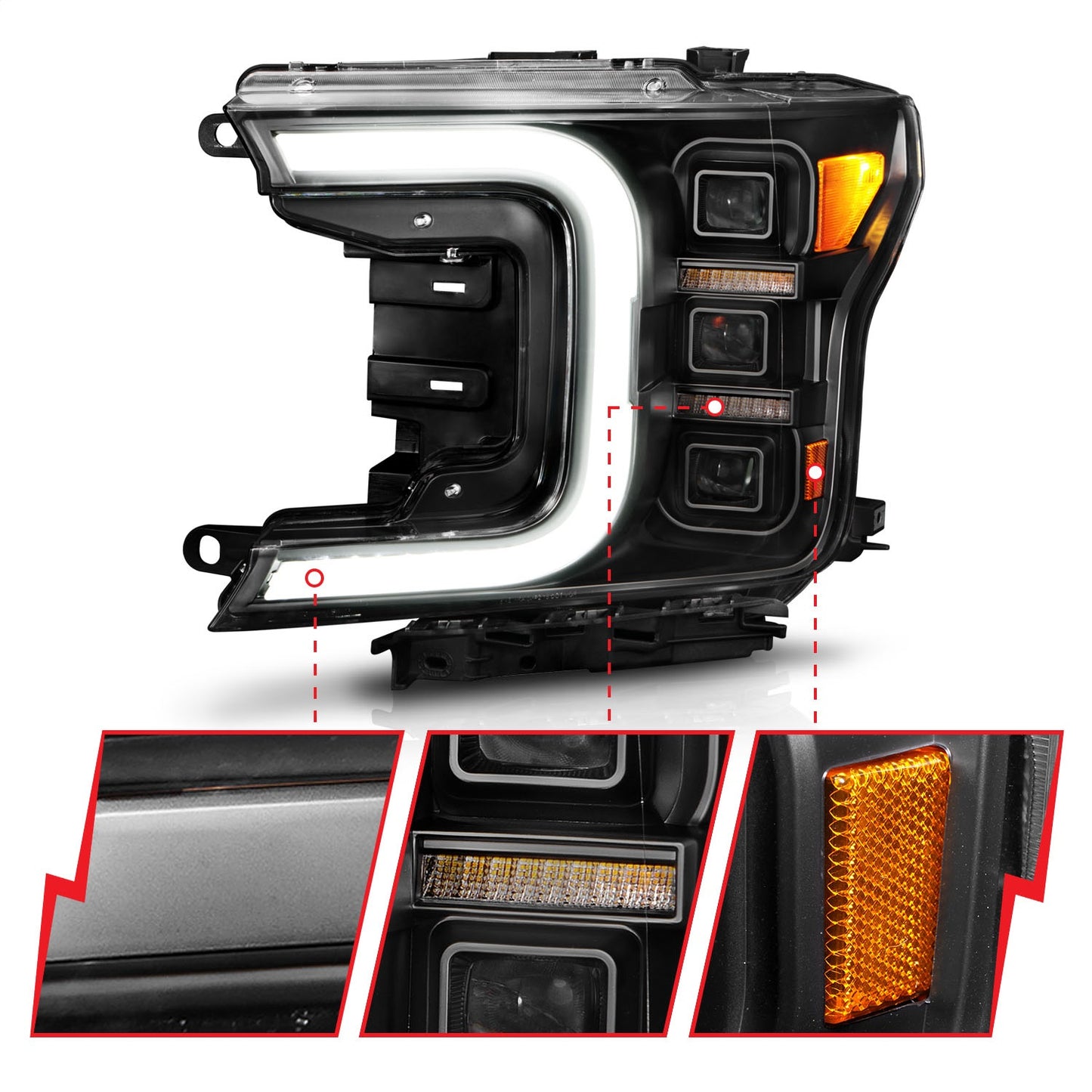 Anzo USA | LED Projector Headlight Black Housing w/Light Bar Sequential Signal Pair | Fits F-150 | 111519
