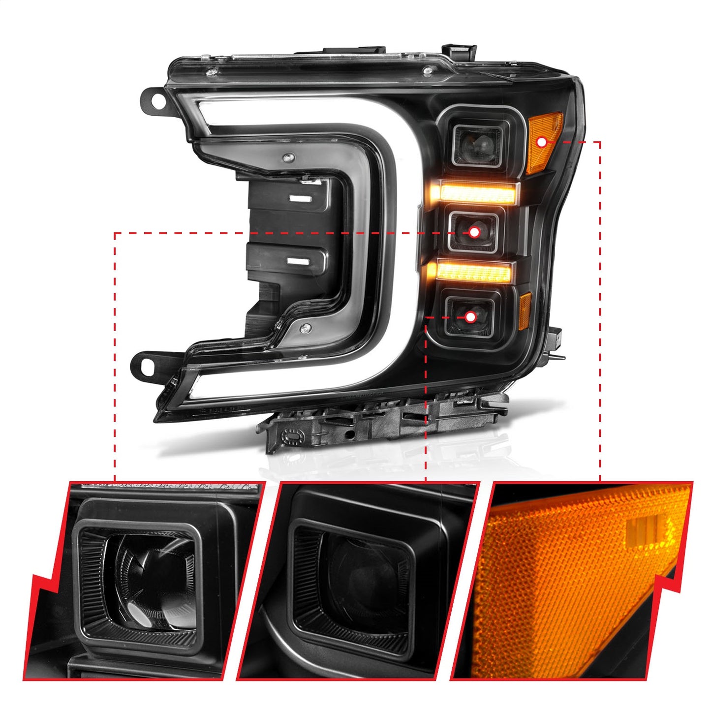 Anzo USA | LED Projector Headlight Black Housing w/Smoke Bar Sequential Signal Pair | Fits F-150 | 111520