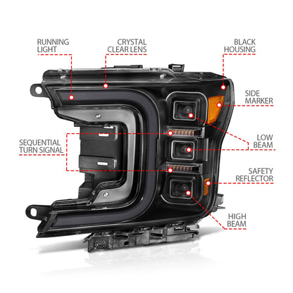 Anzo USA | LED Projector Headlight Black Housing w/Smoke Bar Sequential Signal Pair | Fits F-150 | 111520