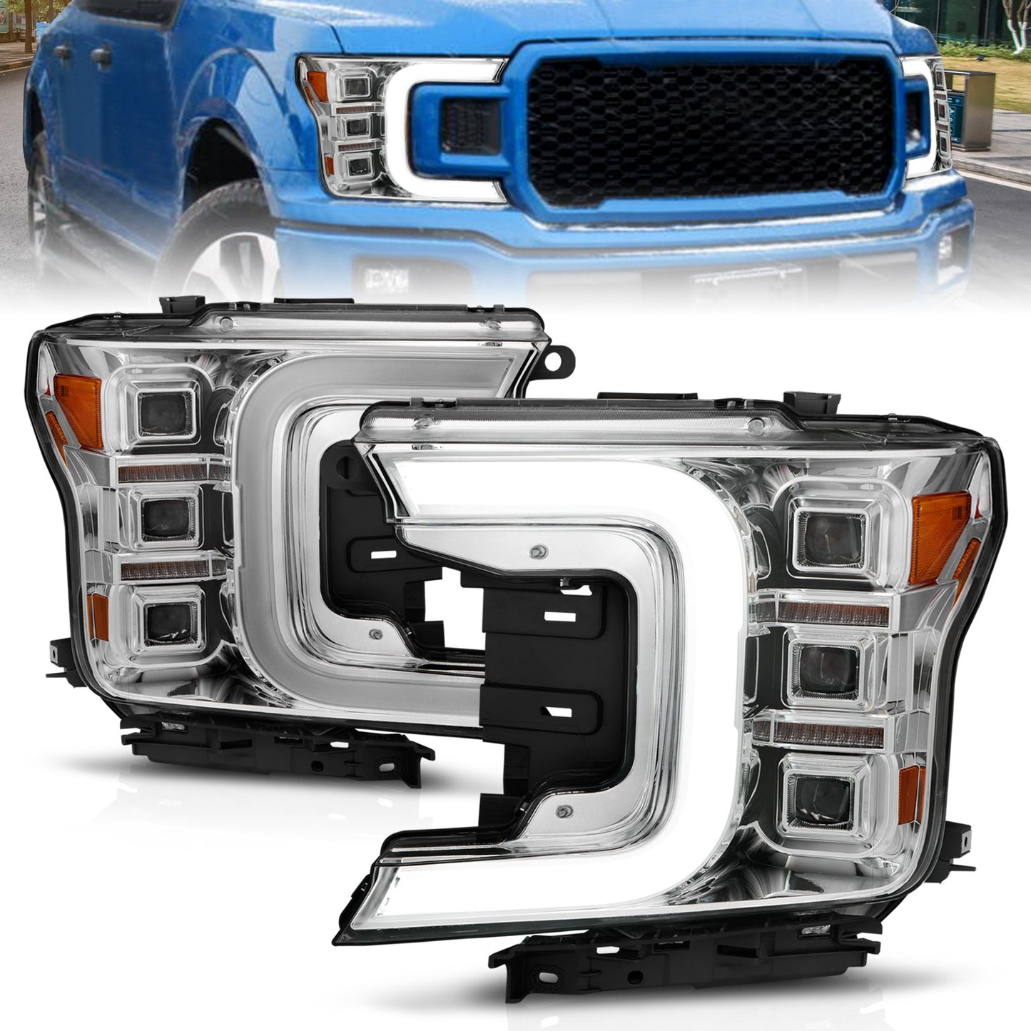 Anzo USA | LED Projector Headlight Chrome Housing w/Light Bar Sequential Signal Pair | Fits F-150 | 111521