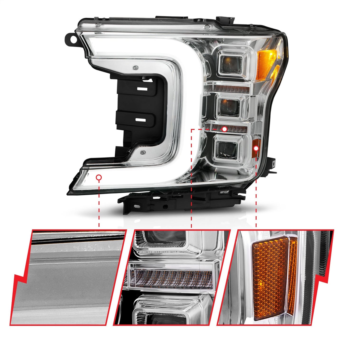 Anzo USA | LED Projector Headlight Chrome Housing w/Light Bar Sequential Signal Pair | Fits F-150 | 111521
