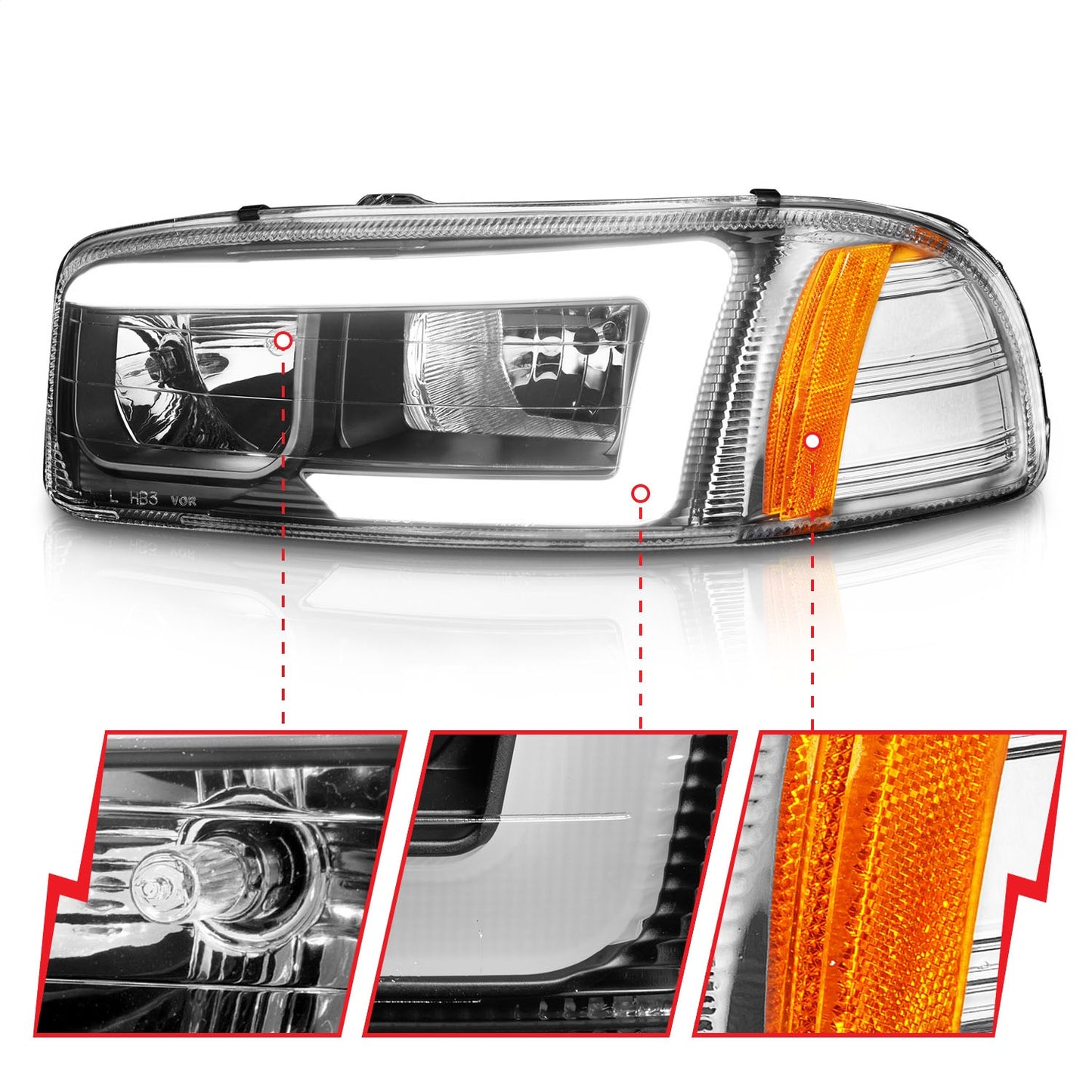 Anzo USA | Crystal Headlight Set Black Housing w/Light Bar | Fits Sierra 1500 | 111522