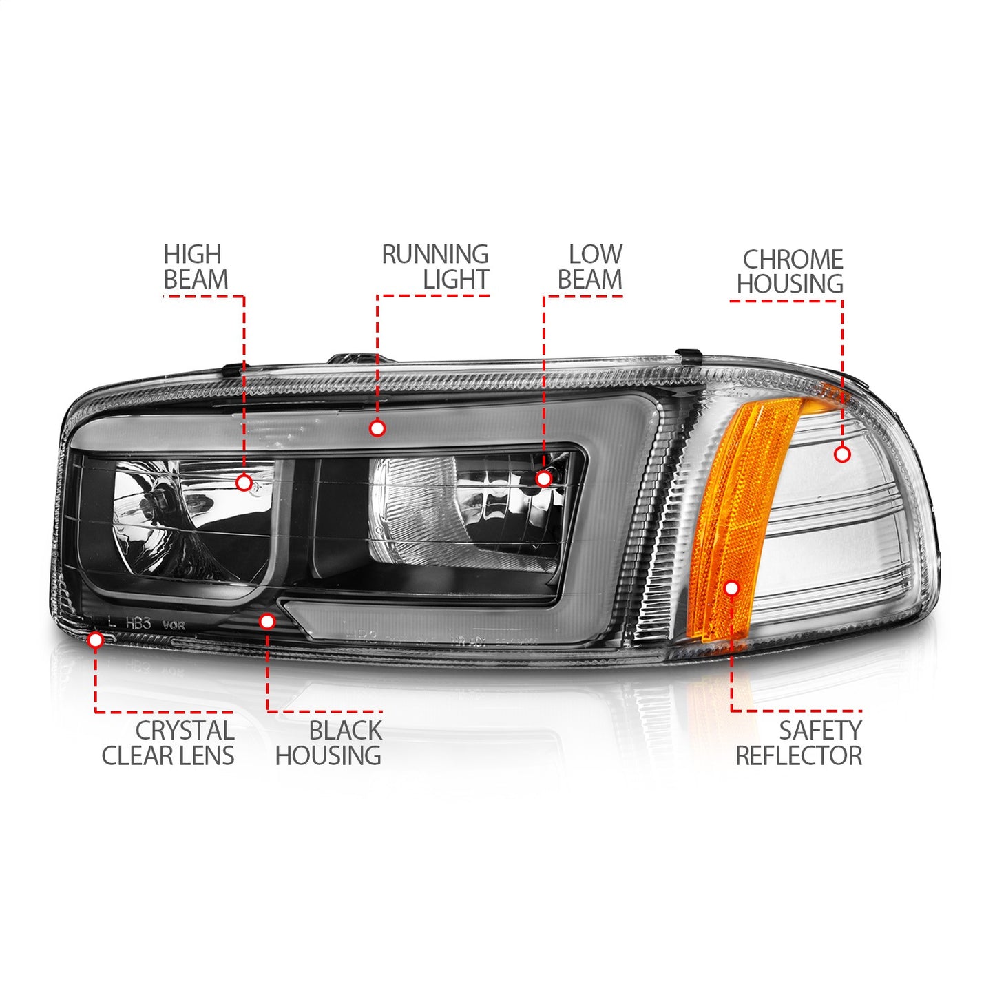 Anzo USA | Crystal Headlight Set Black Housing w/Light Bar | Fits Sierra 1500 | 111522