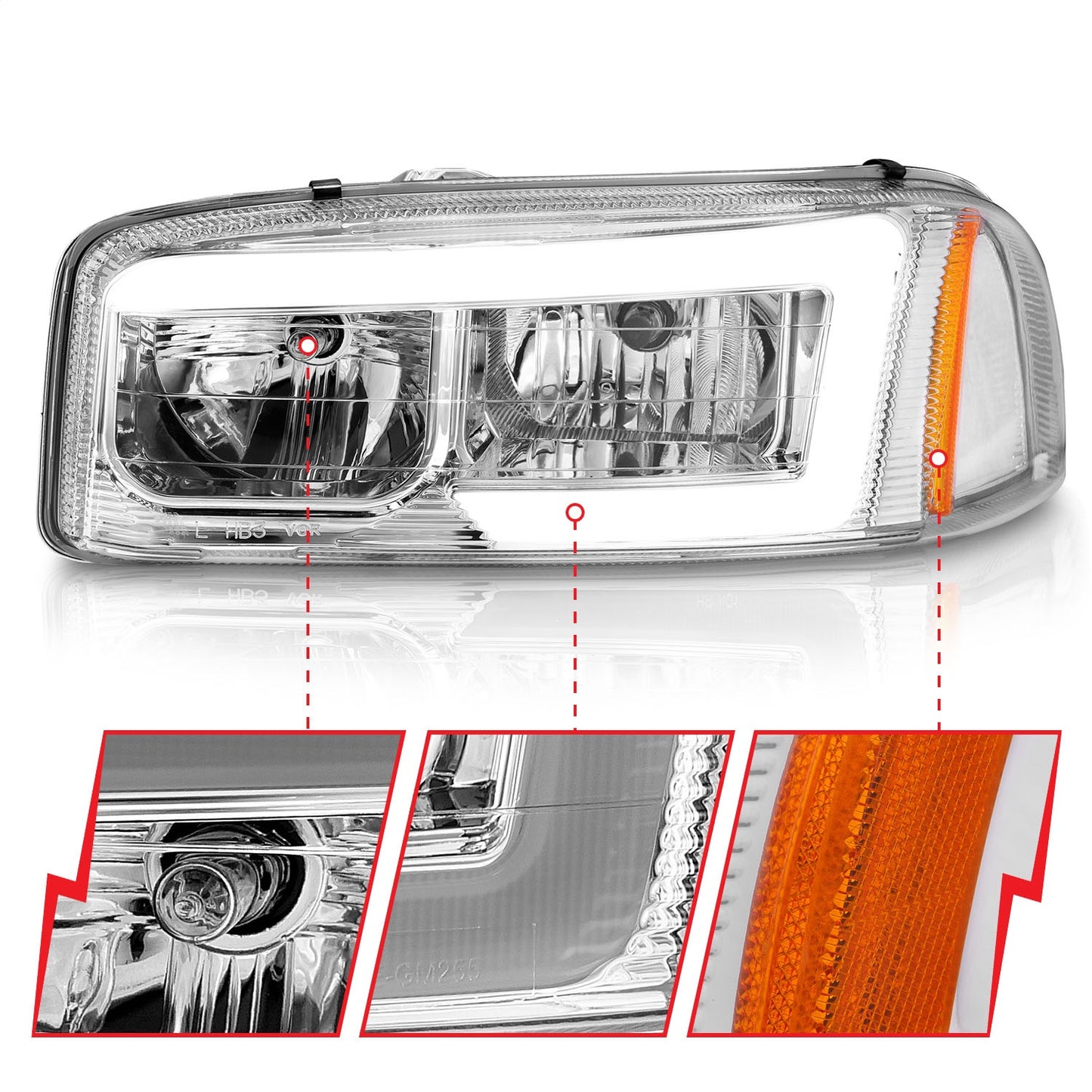 Anzo USA | Crystal Headlight Set Chrome Housing w/Light Bar | Fits Sierra 1500 | 111523