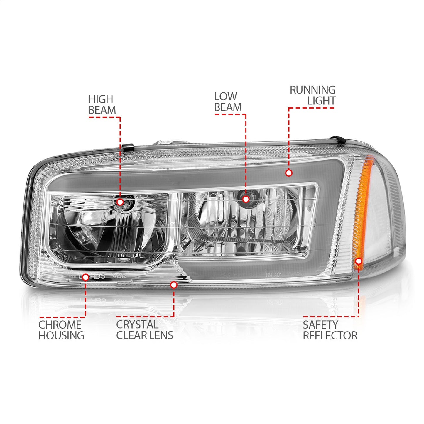 Anzo USA | Crystal Headlight Set Chrome Housing w/Light Bar | Fits Sierra 1500 | 111523