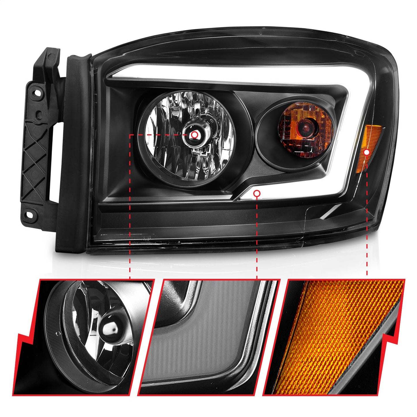 Anzo USA | Crystal Headlight Set Clear Lens Black Housing w/Light Bar Pair | Fits Ram 1500 | 111524