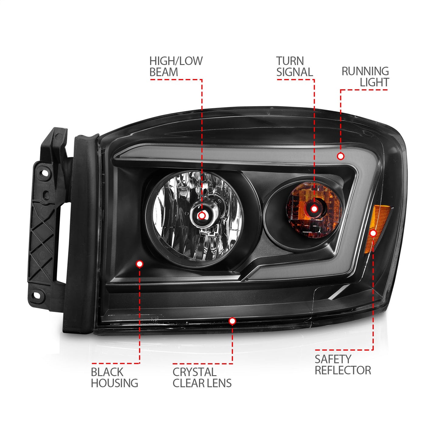 Anzo USA | Crystal Headlight Set Clear Lens Black Housing w/Light Bar Pair | Fits Ram 1500 | 111524