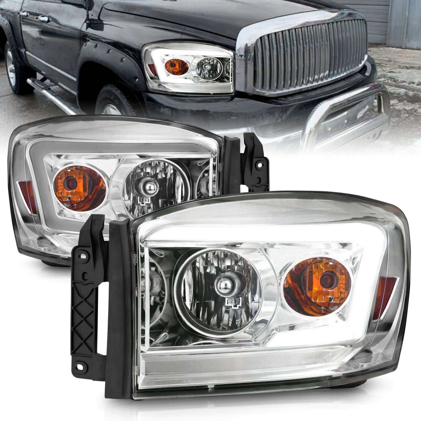Anzo USA | Crystal Headlight Set Clear Lens Chrome Housing w/Light Bar Pair | Fits Ram 1500 | 111525
