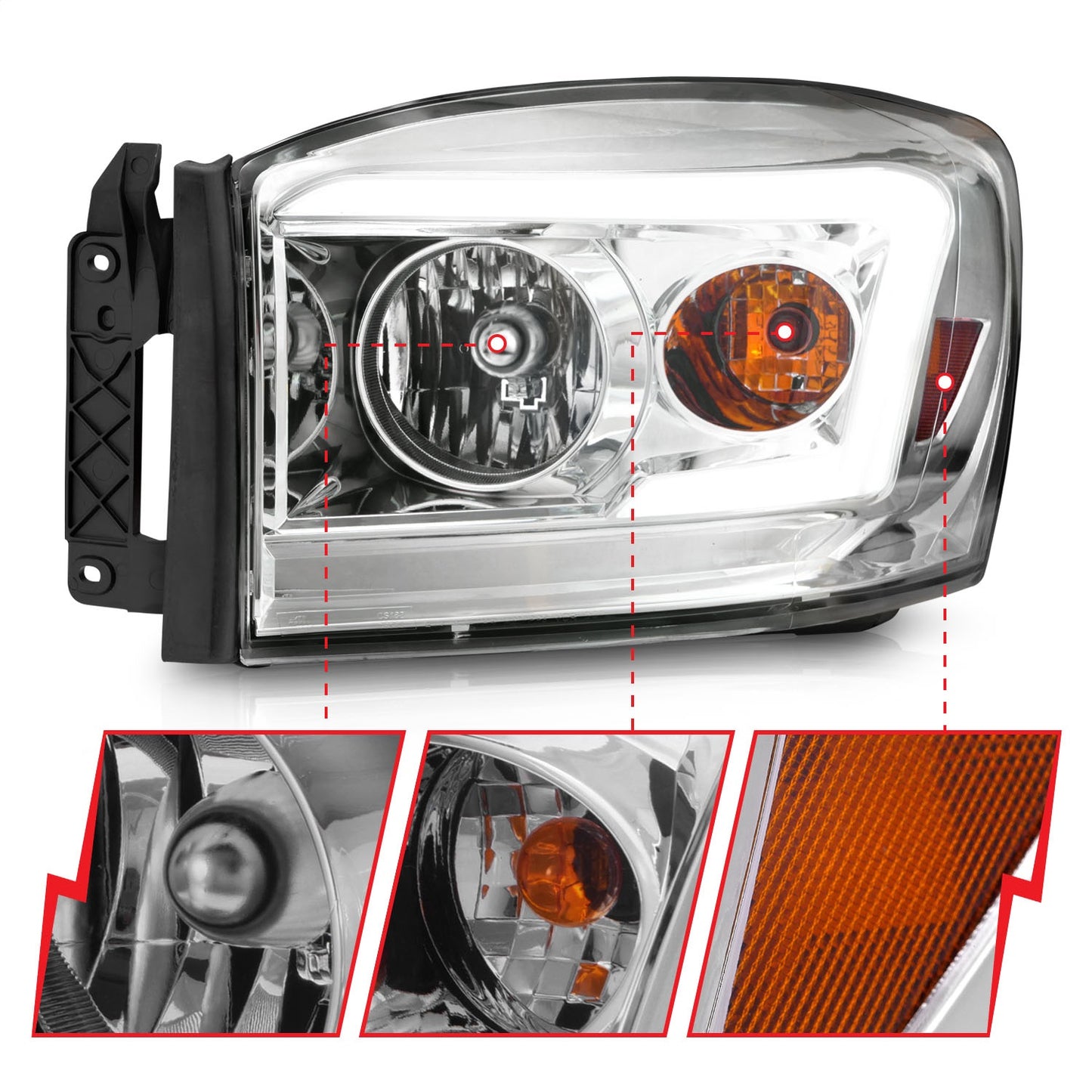 Anzo USA | Crystal Headlight Set Clear Lens Chrome Housing w/Light Bar Pair | Fits Ram 1500 | 111525