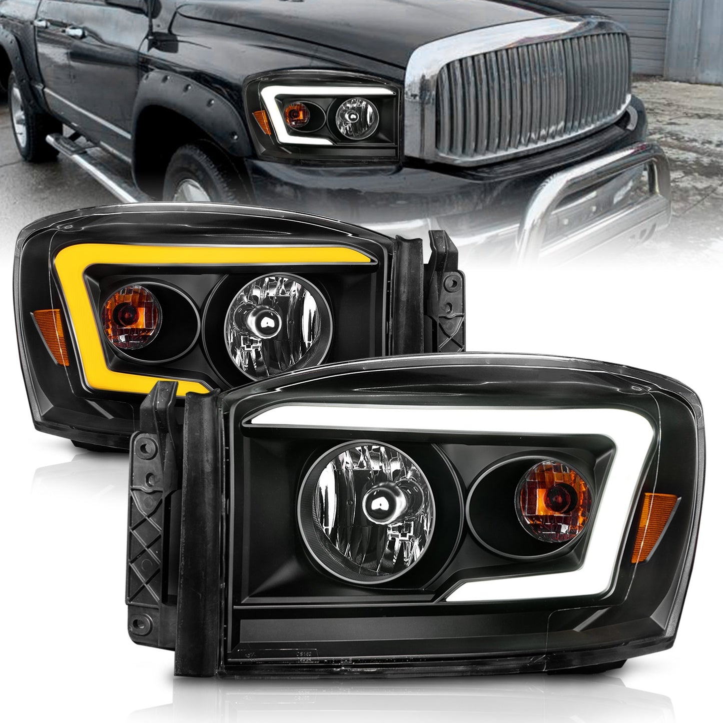 Anzo USA | Crystal Headlight Set Clear Lens Black Housing w/Light Bar Switchback Pair | Fits Ram 1500 | 111526